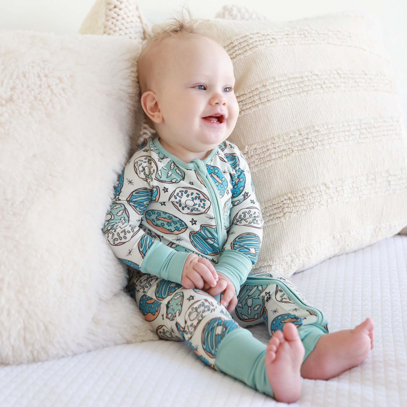 blue donut romper for babies made of bamboo 