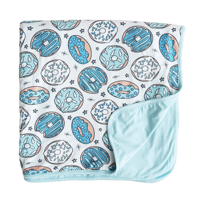 blue double sided bamboo blanket with donuts 