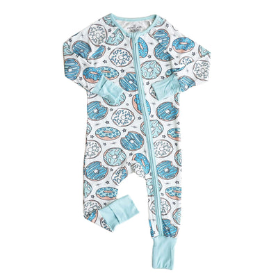 convertible romper with flip mitts blue donuts 
