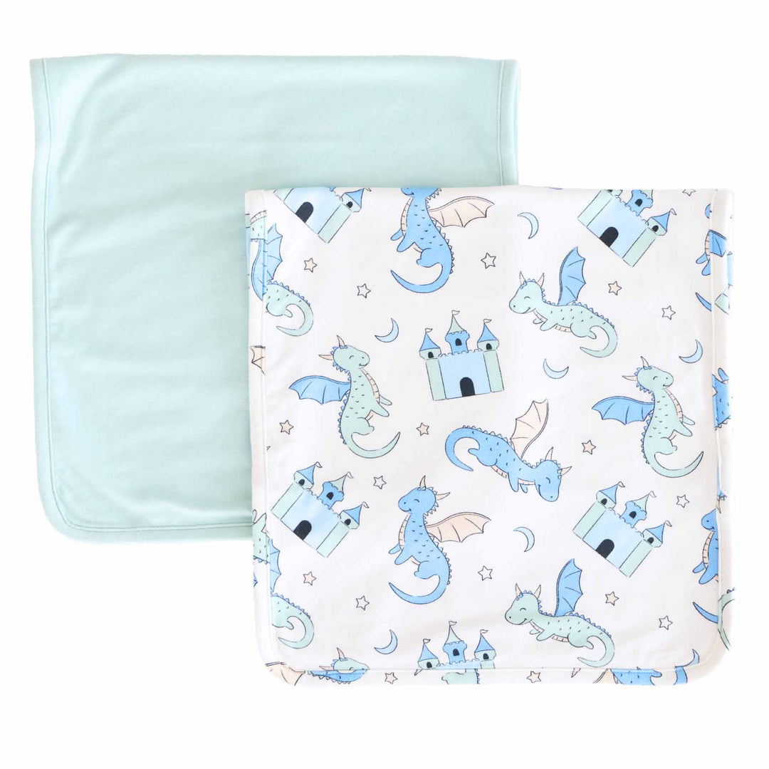 blue and green dragon and castle burp cloth set for babies 