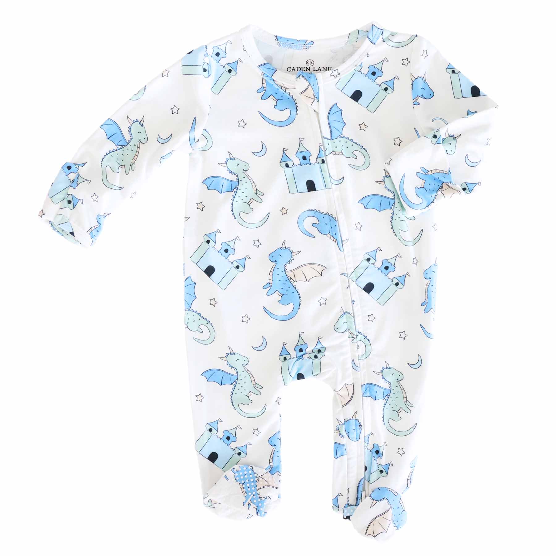 blue dragon and castle bamboo viscose zipper footie