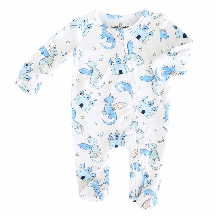 blue dragon and castle bamboo viscose zipper footie