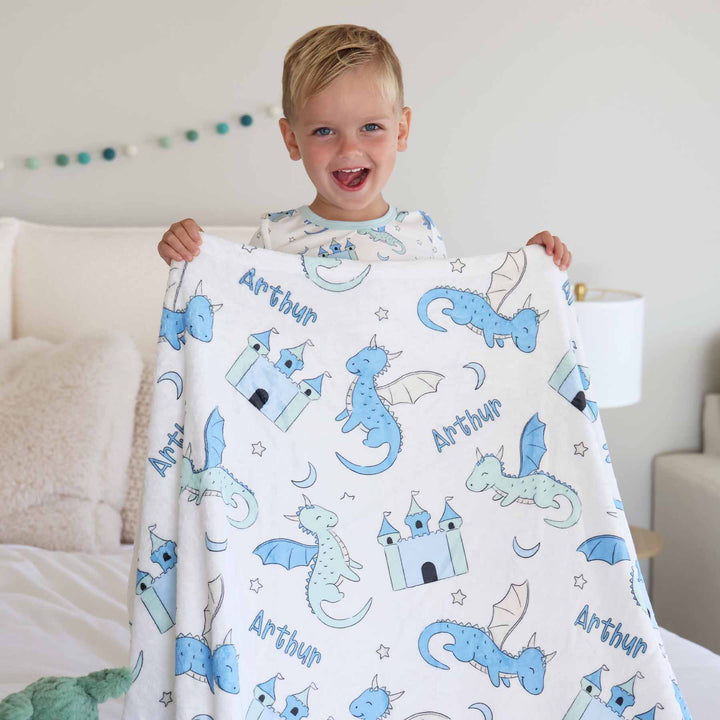 blue and green dragon, castle, star and moon personalized kids blanket 