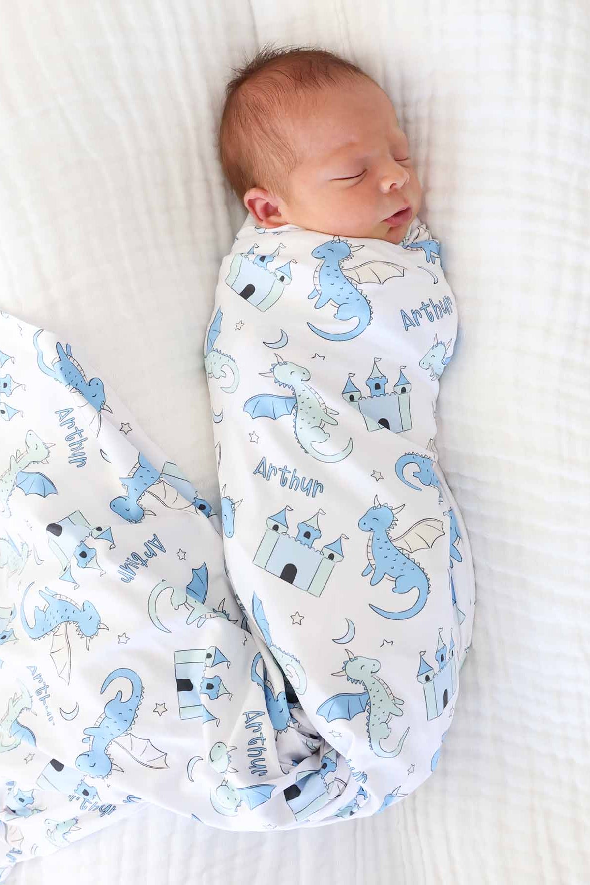 Dragon Adventure Personalized Swaddle Blanket | Blue