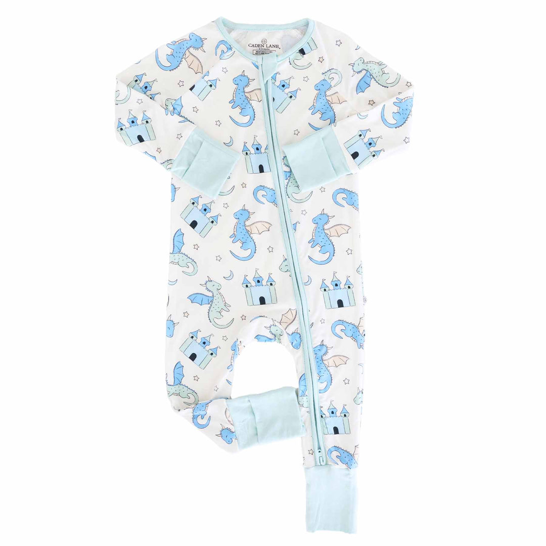 Infant convertible footie romper with blue dragons and castles