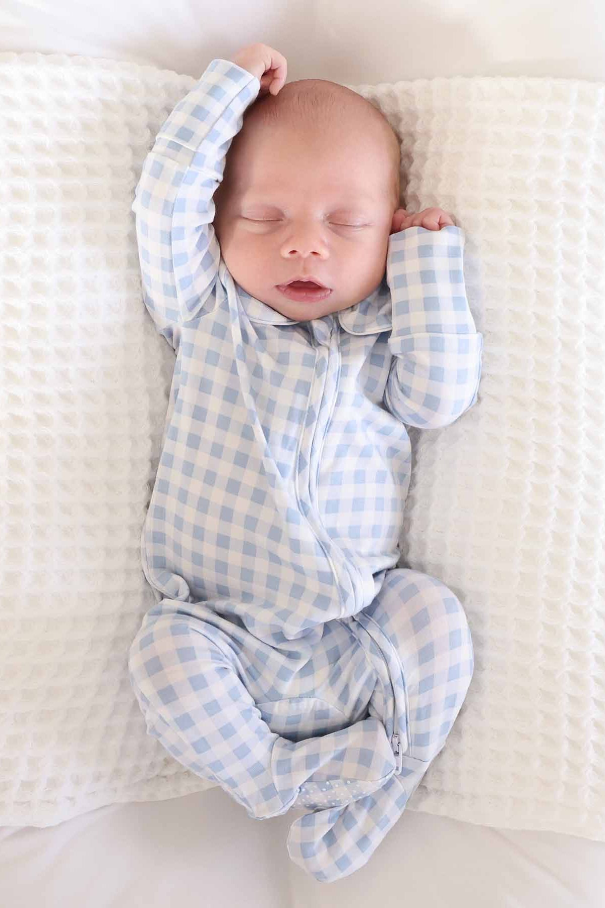 Peter Pan Collar Zipper Footie | Dusty Blue Gingham