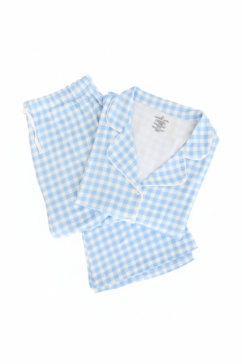 short sleeve blue and white gingham short sleeve lounge set for women 