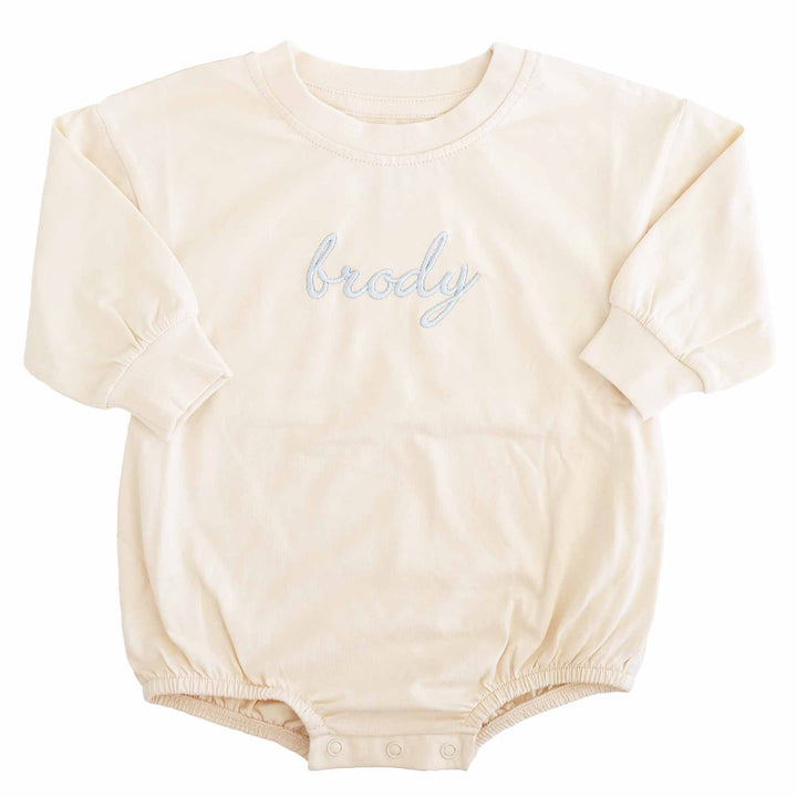 blue name embroidered bubble romper 