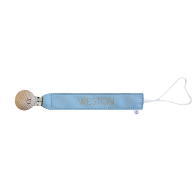 blue personalized leather paci clip 