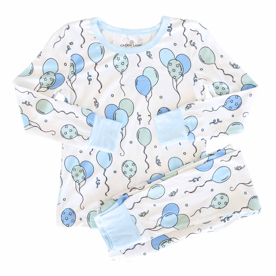 long sleeve blue balloon bamboo pajama set for kids 