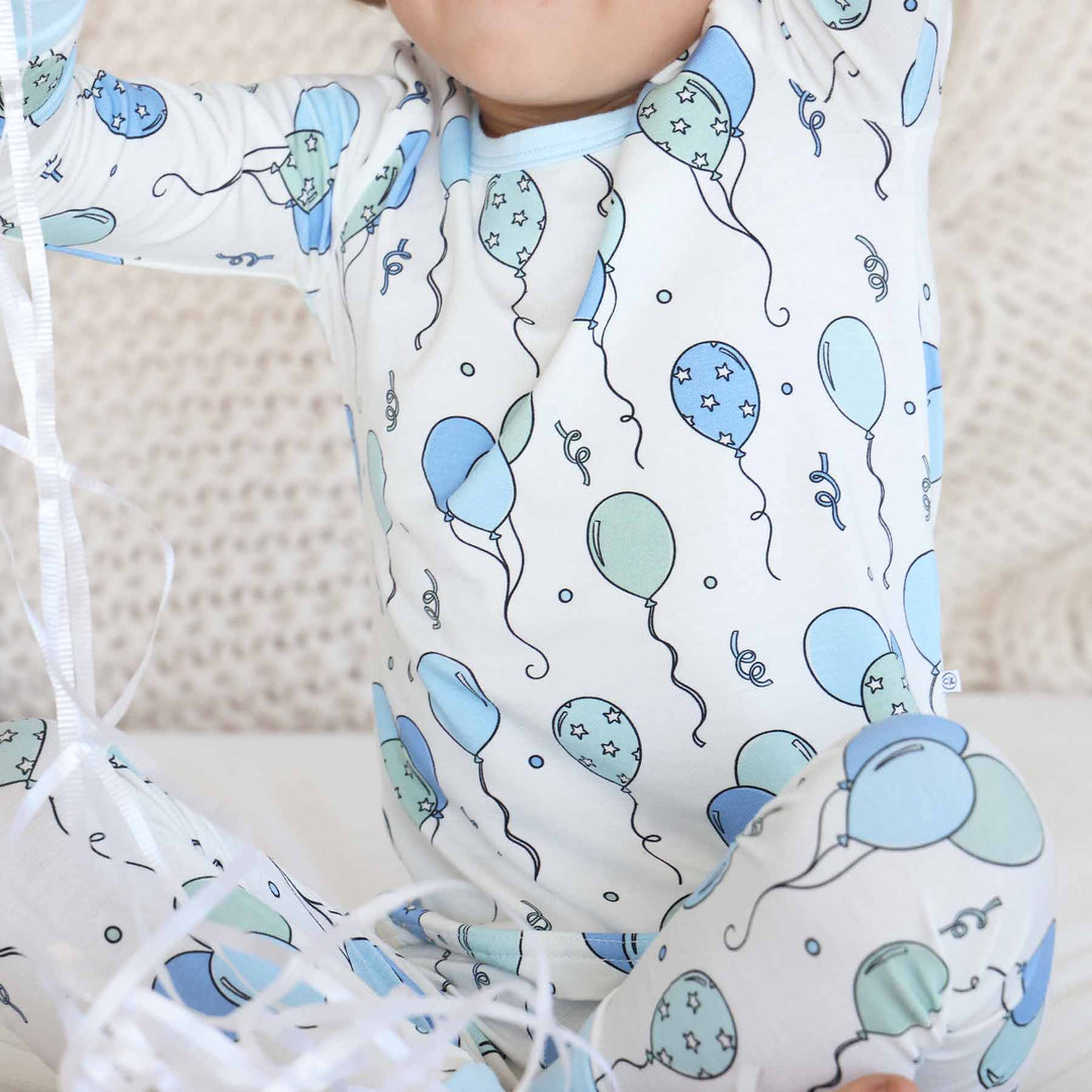 boys blue balloon birthday pajama set with long sleeves and pants 