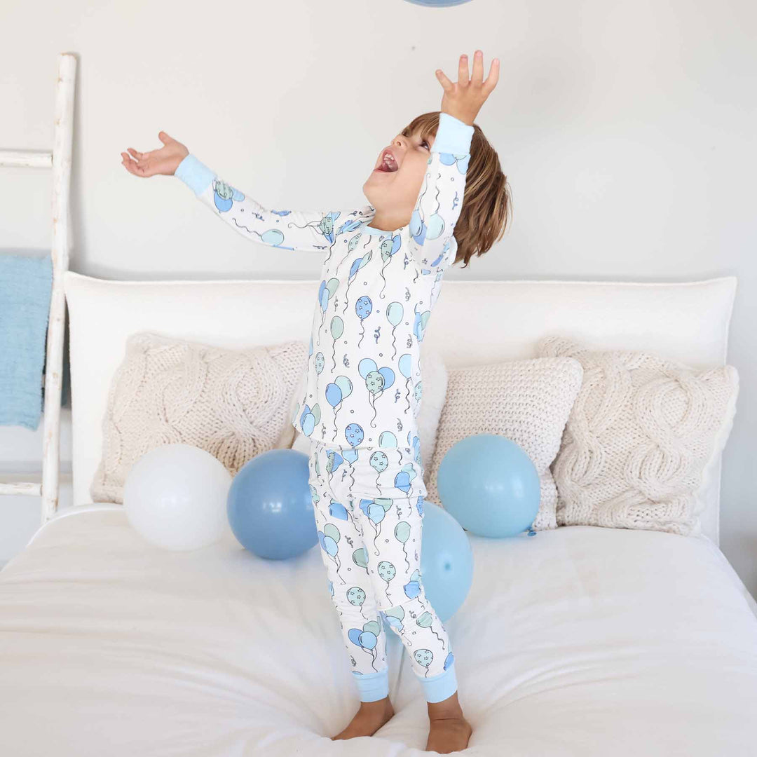 party time boy's two piece pajama set with balloons and streamers
