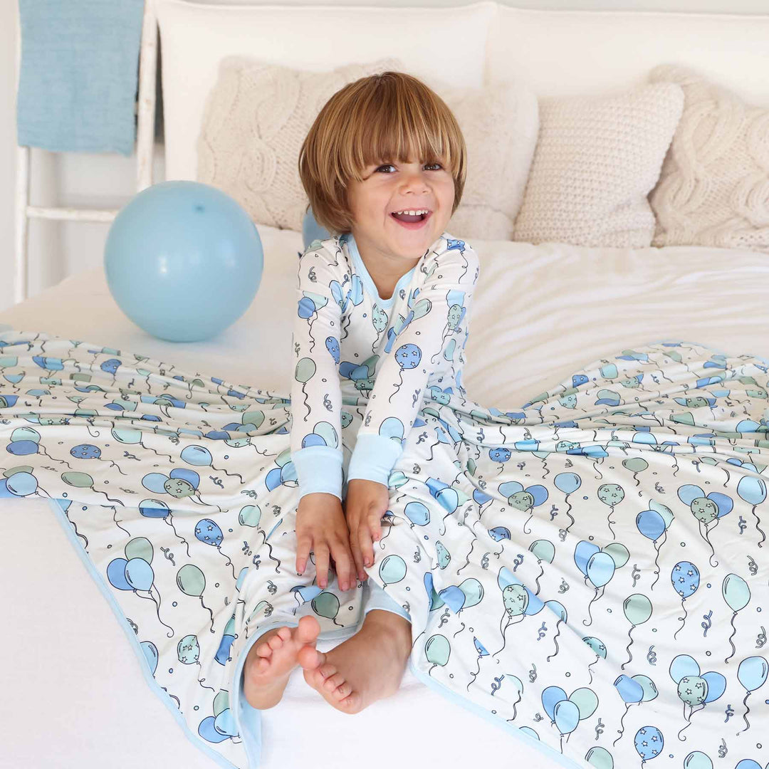 blue and green balloon double sided bamboo blanket for kids 
