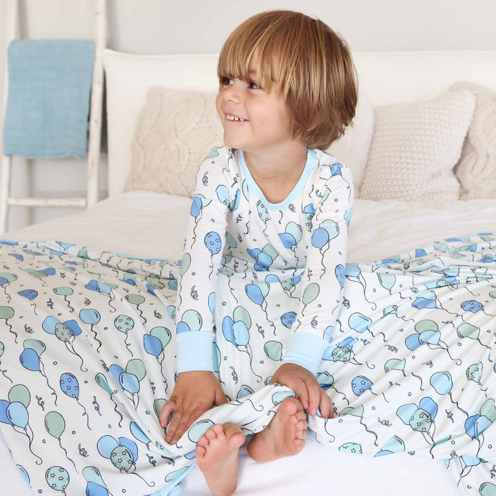 blue party time double sided bamboo blanket for boys with matching pajamas 