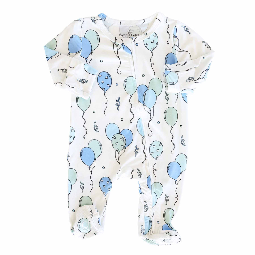 blue and green balloon and streamer birthday footie pajama for boys 