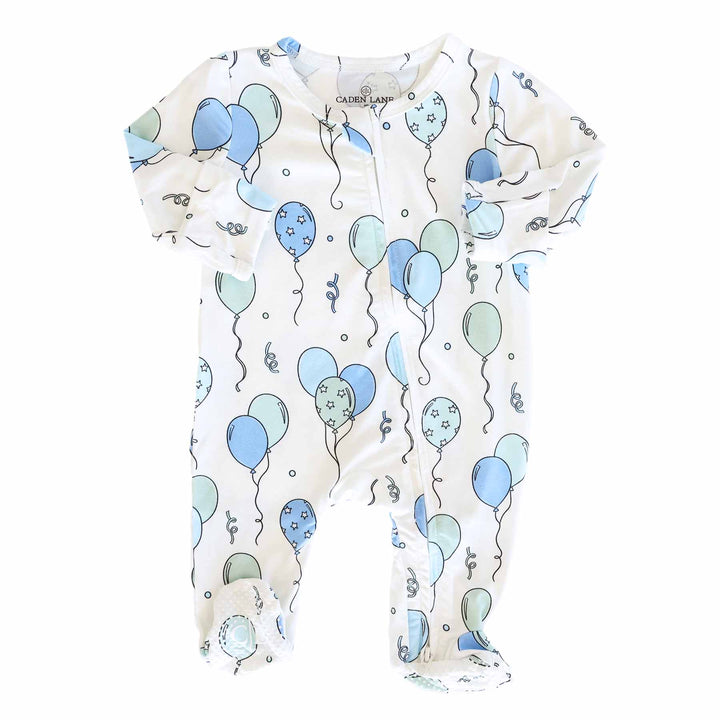 blue and green balloon and streamer birthday footie pajama for boys 