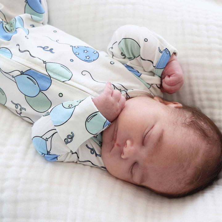 baby boy zipper footie pajama with balloons and streamers 