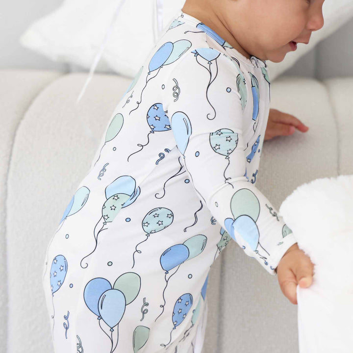 blue and green balloon bamboo viscose zipper footie