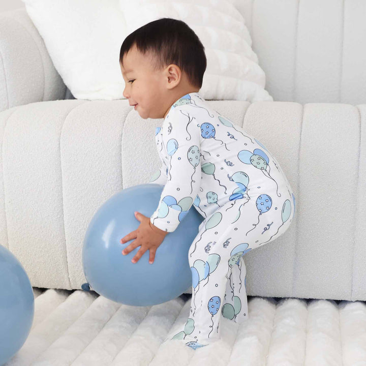 blue party time zipper footie for baby boys 