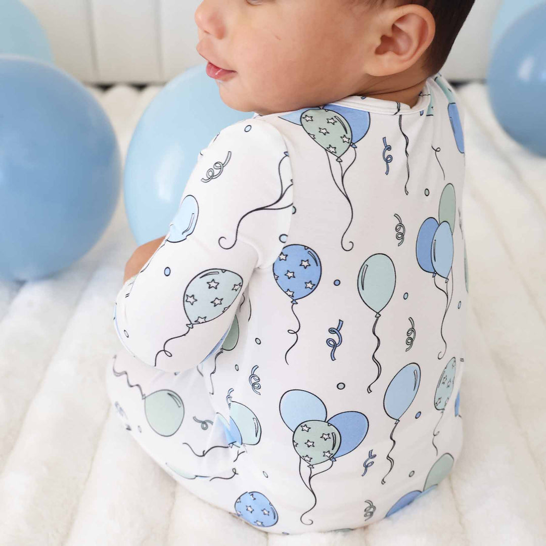 blue party time baby zipper footie 