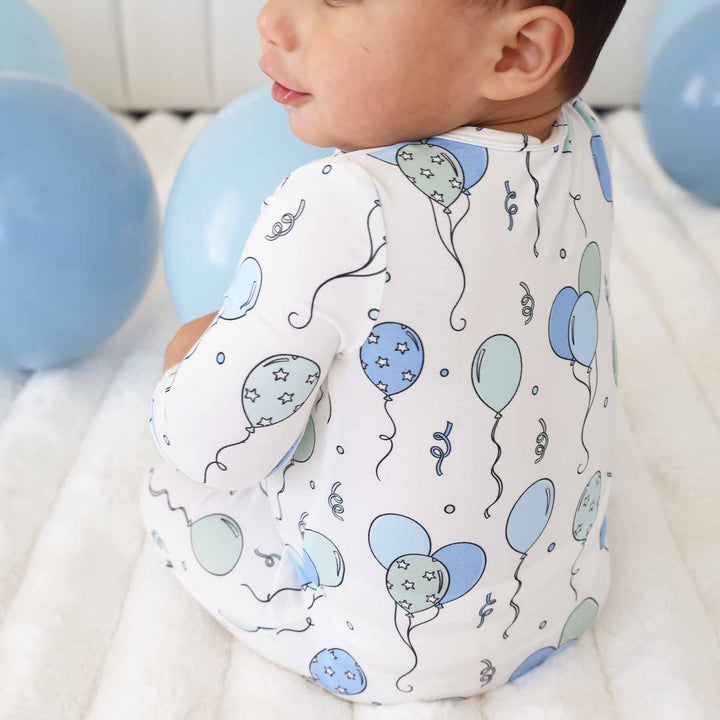 blue party time baby zipper footie 