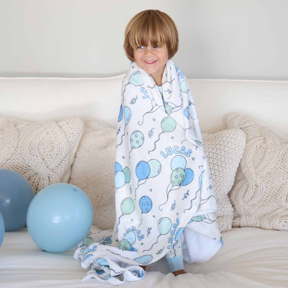 blue balloon personalized blanket for kids 