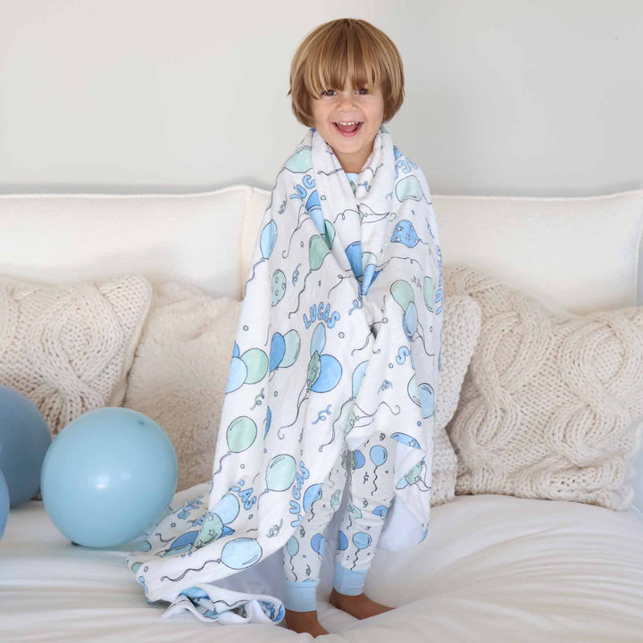 blue and green balloon and streamer personalized blanket for boys