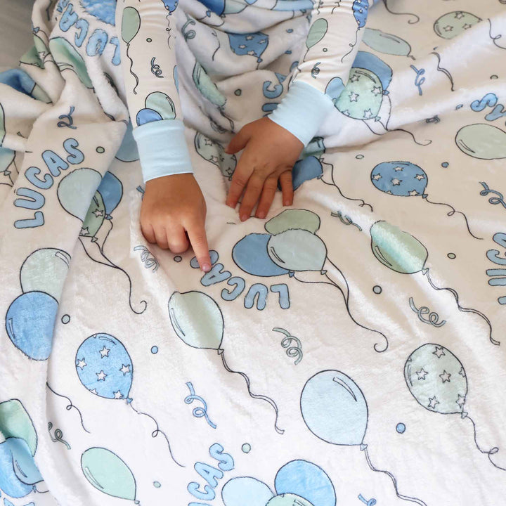 blue party time personalized kids blanket with matching two piece pajama set 