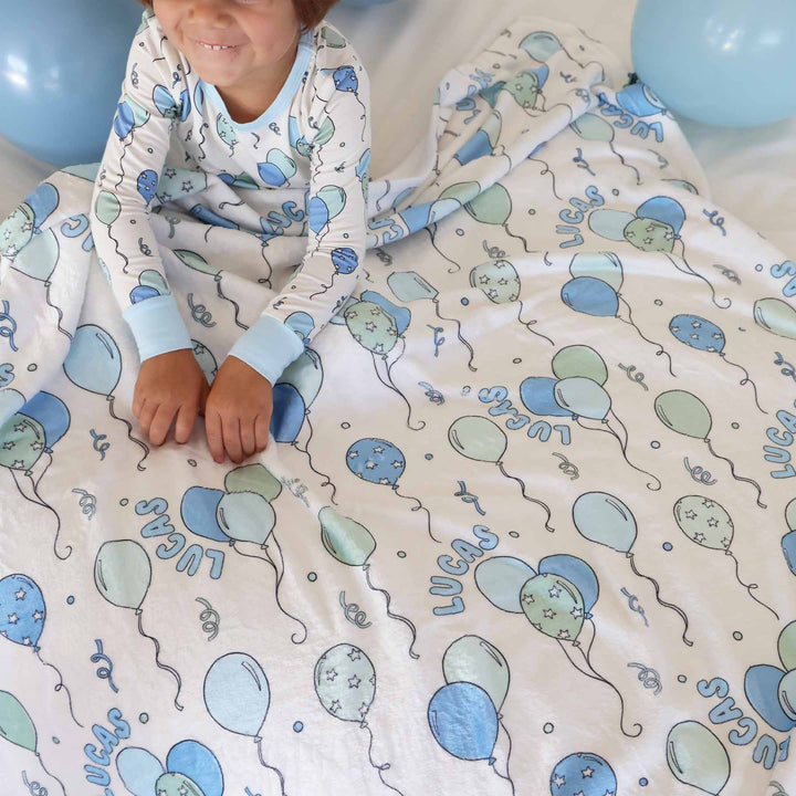 blue party time personalized blanket for kids 