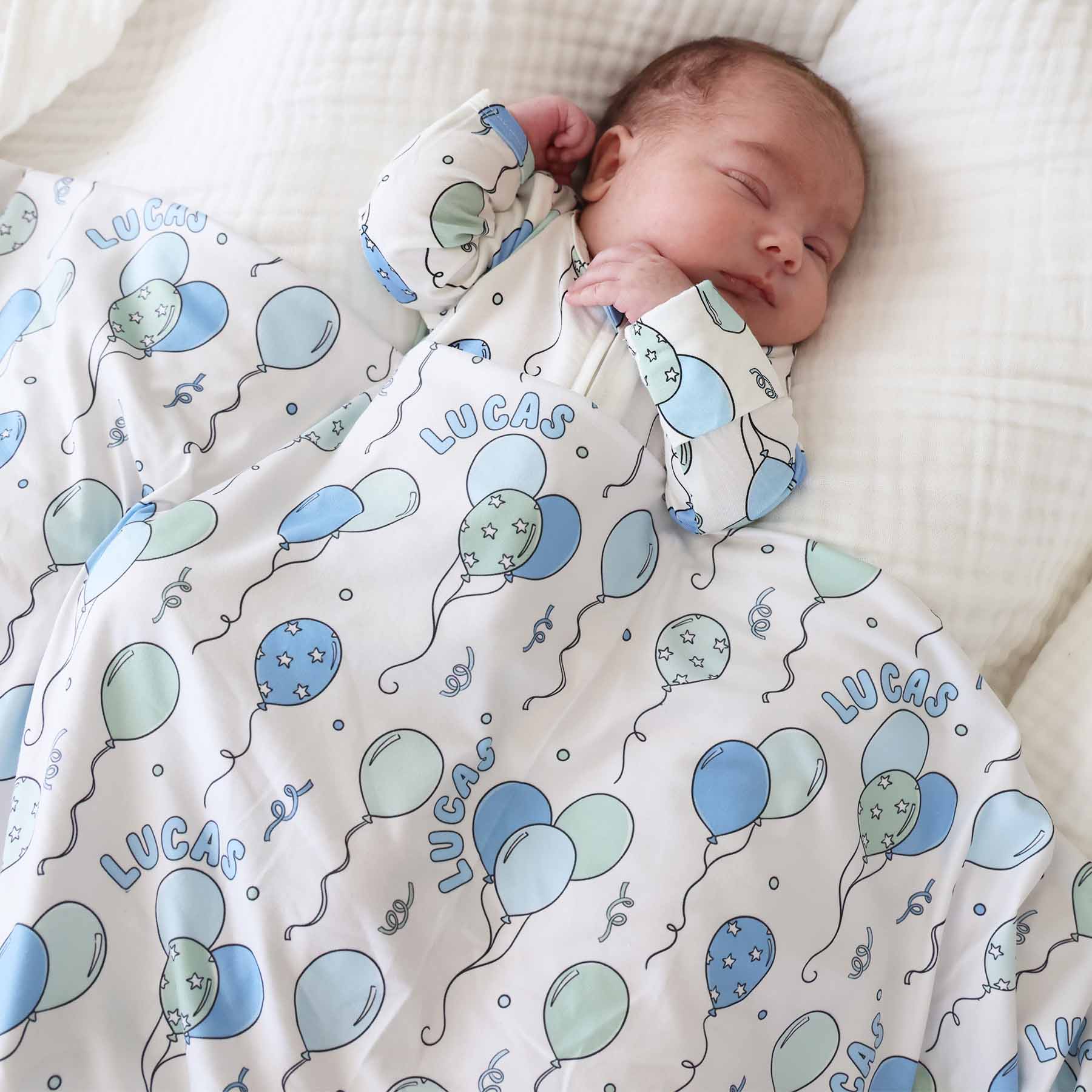 blue party time personalized swaddle blanket for baby boys 