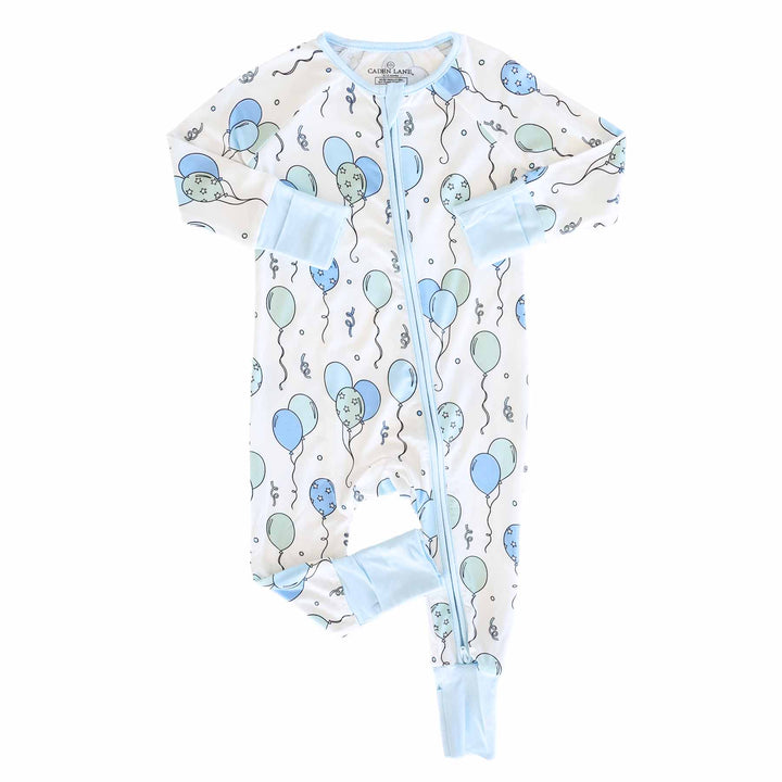 blue balloon and streamer convertible zip romper pajama for babies and toddlers 