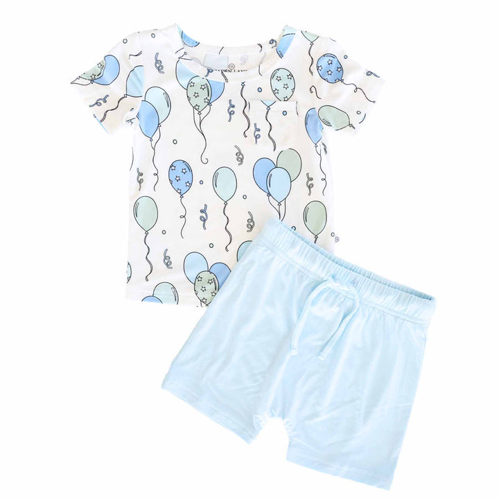 blue and green balloon short sleeve shirt with front pocket and matching light blue shorts 