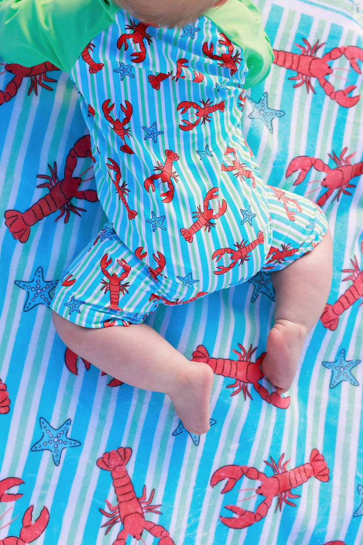 lobster and starfish striped shortie romper with matching beach towel