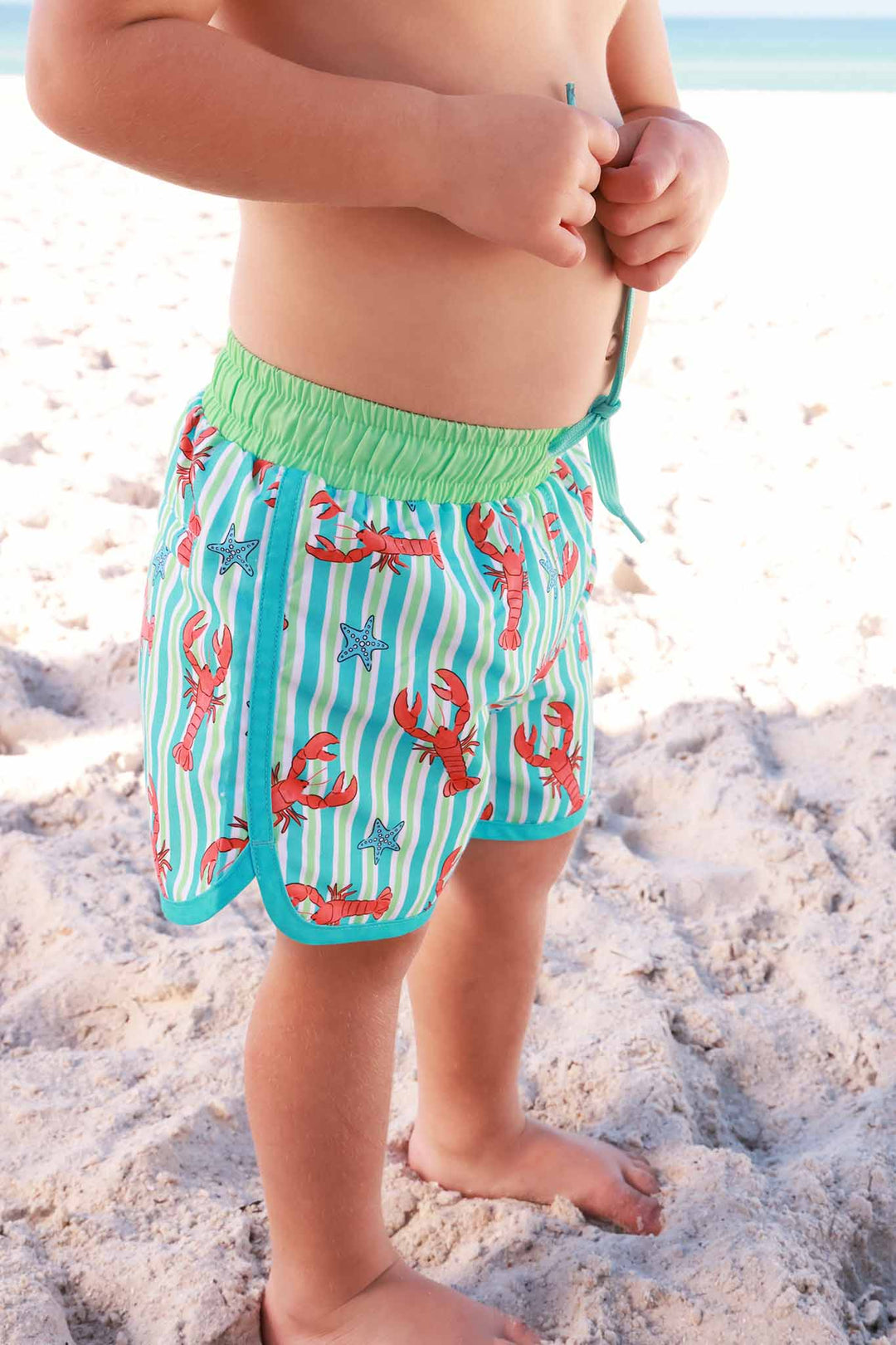 blue pinch me lobster swim trunks for boys 