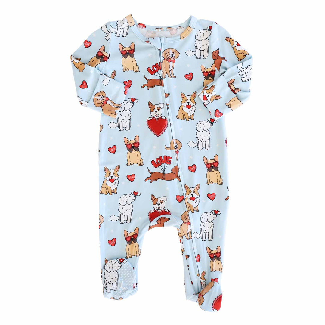 puppy and heart themed blue valentine's day zipper footie pajama for baby boys 