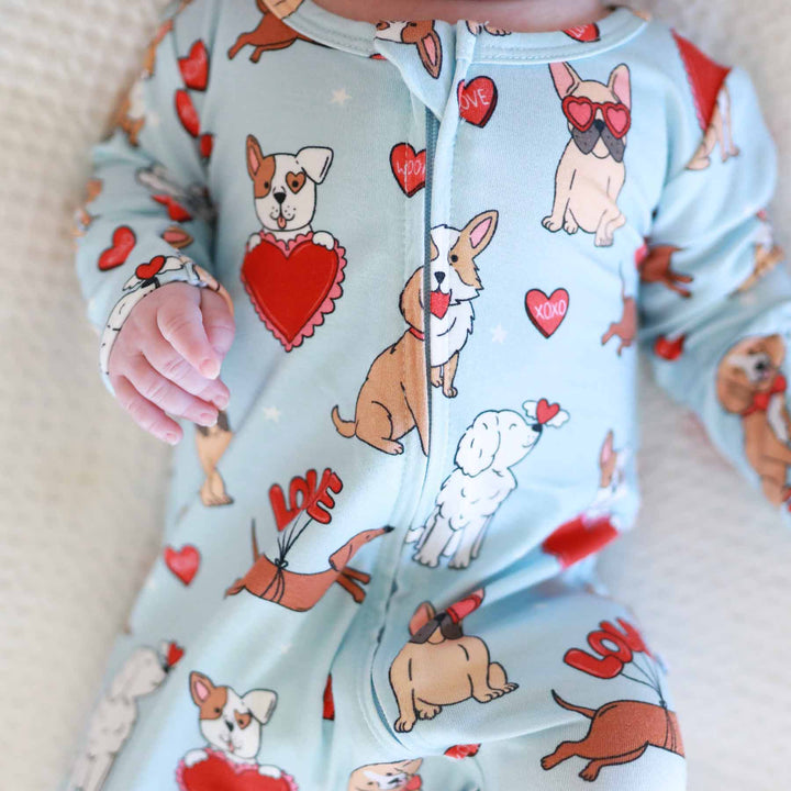puppy and heart valentine's day zipper footie 