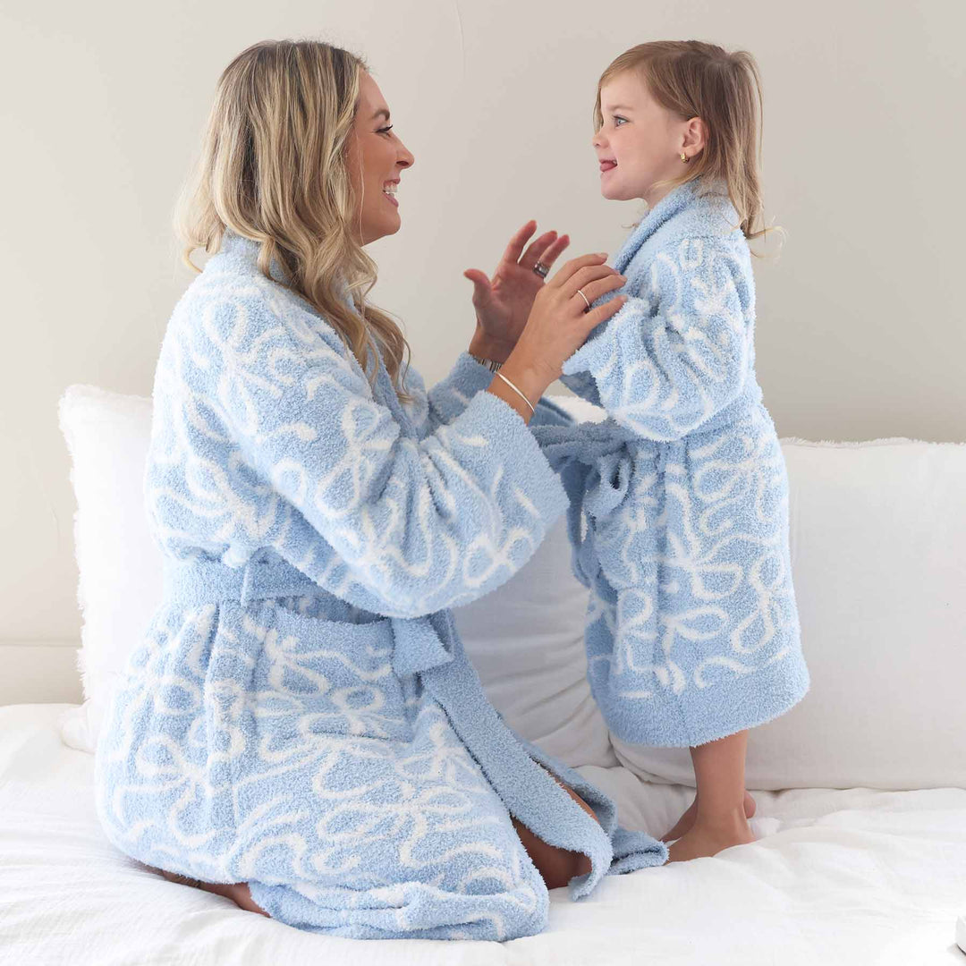 mommy and me matching long sleeve plush robes with blue and white bows