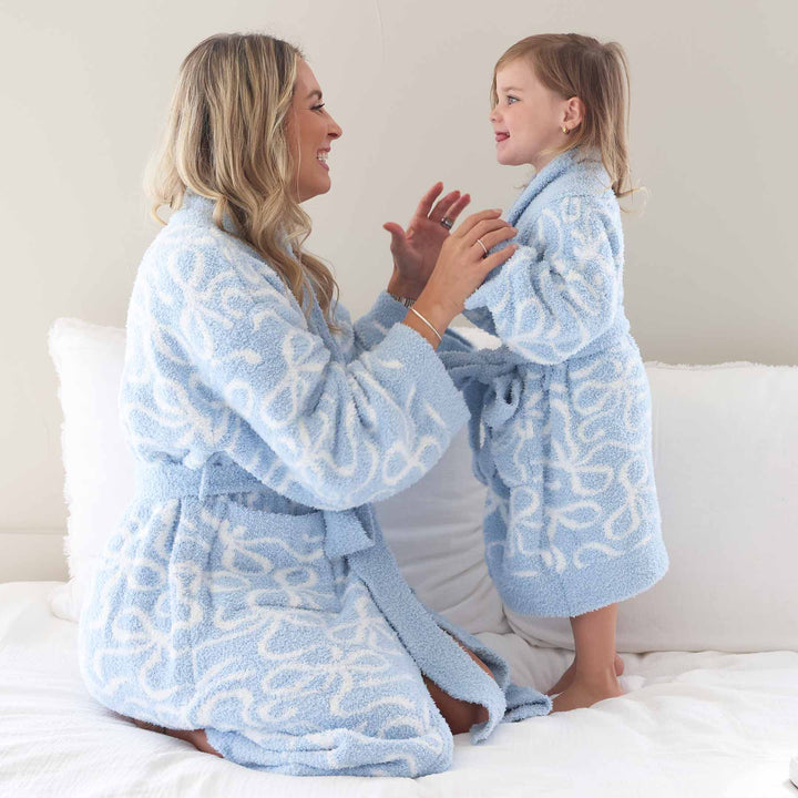 mommy and me matching long sleeve plush robes with blue and white bows