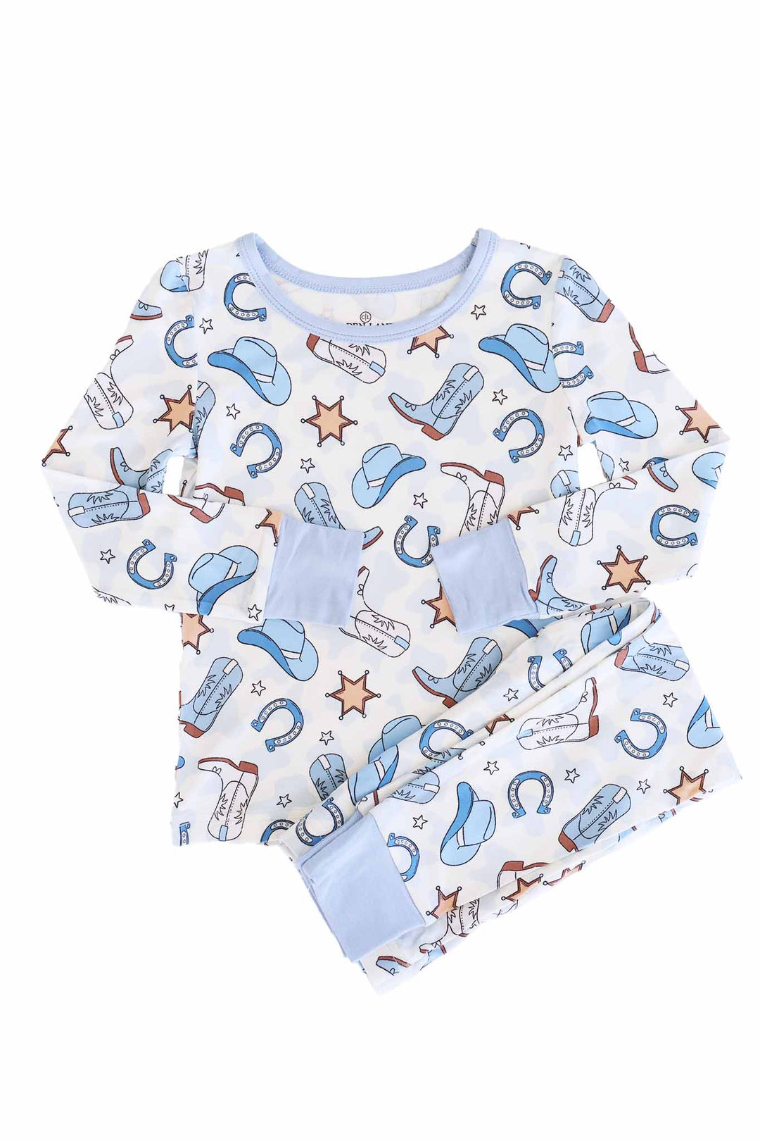long sleeve and pant two piece pajama set for boys in blue rodeo dreams print 