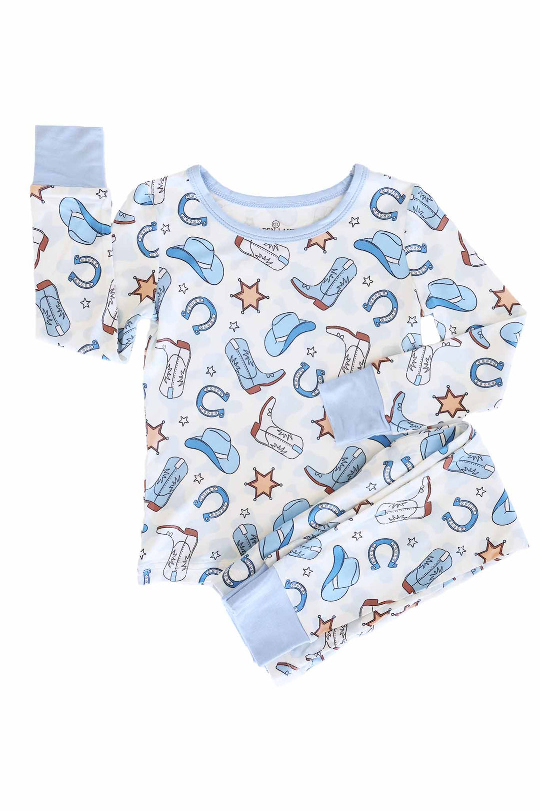 rodeo themed pajama set for boys with cowboy boots, hats, horseshoes and sherriff stars 