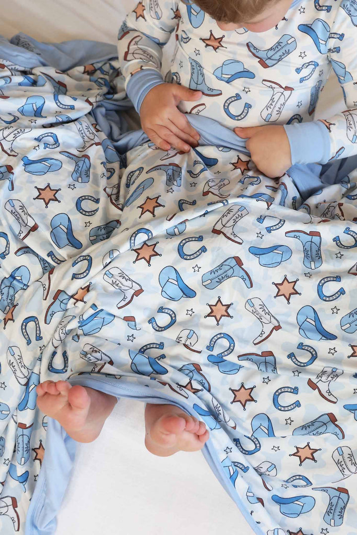 blue western themed double sided bamboo blanket for boys 