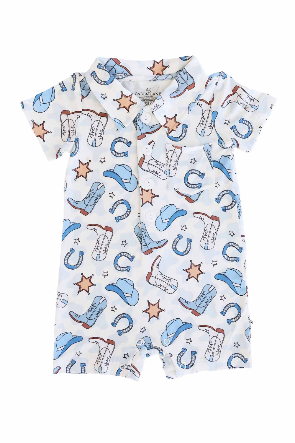short sleeve and short front pocket button collared romper for baby and toddler boys in blue rodeo dreams print 