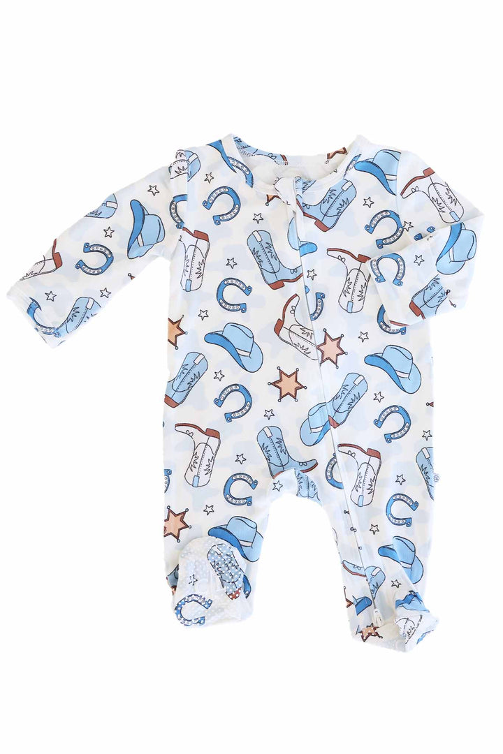 blue cowboy themed zipper footie pajama for baby boys