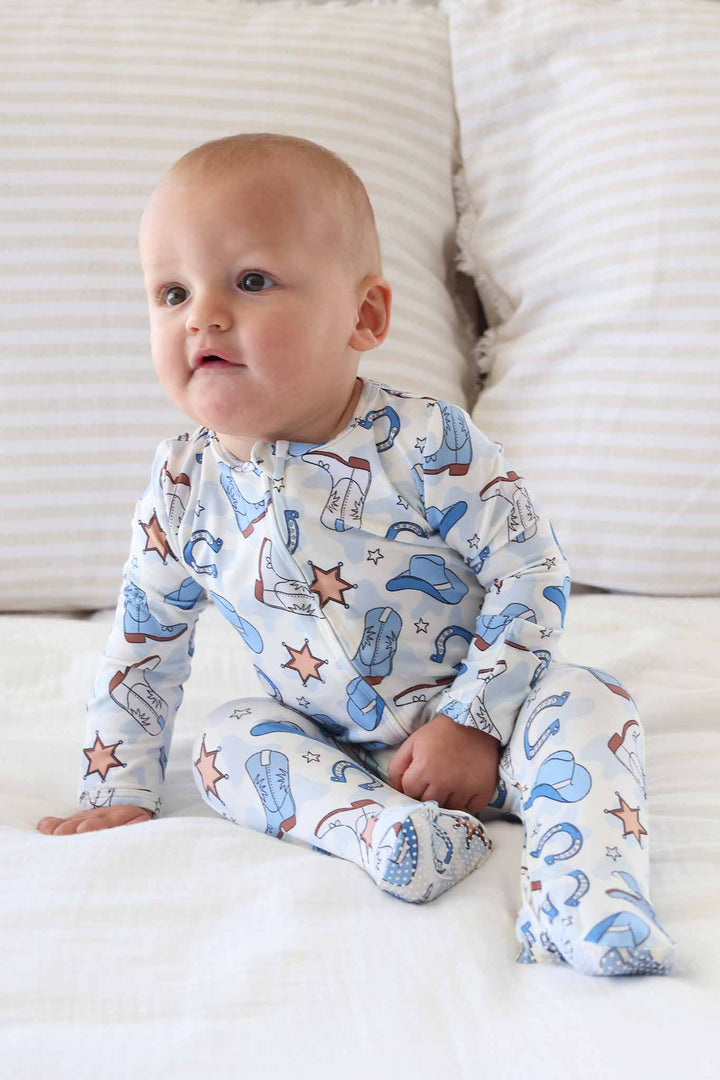 blue cowboy themed zipper footie pajama 