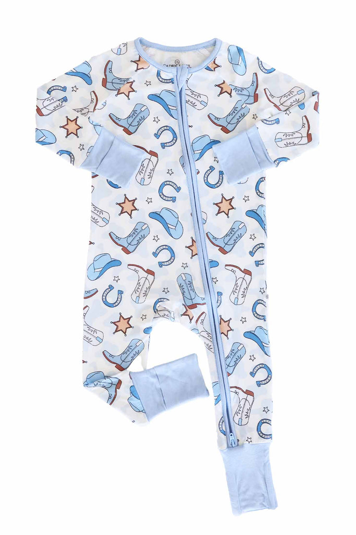 blue rodeo dreams bamboo viscose convertible zip romper for babies and toddlers 