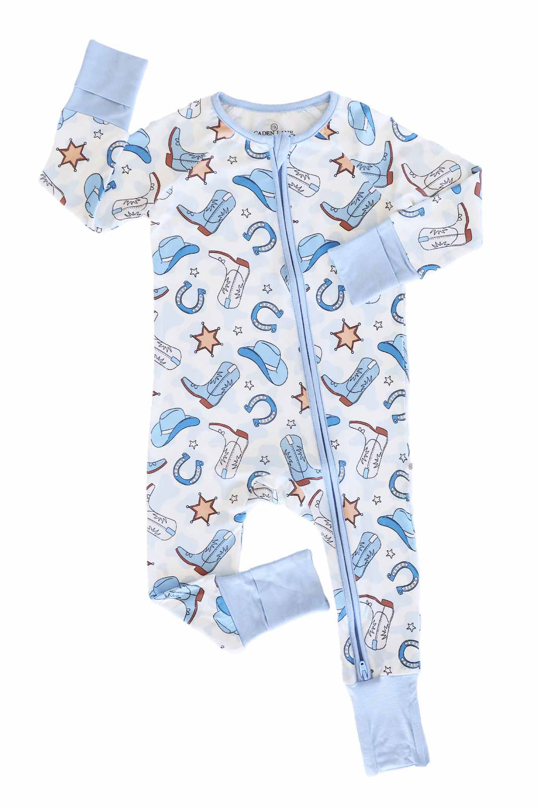 long sleeve zip romper pj in blue rodeo dreams western themed print 