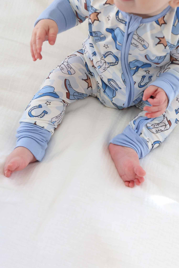 blue cowboy themed zip romper pajama for boys 