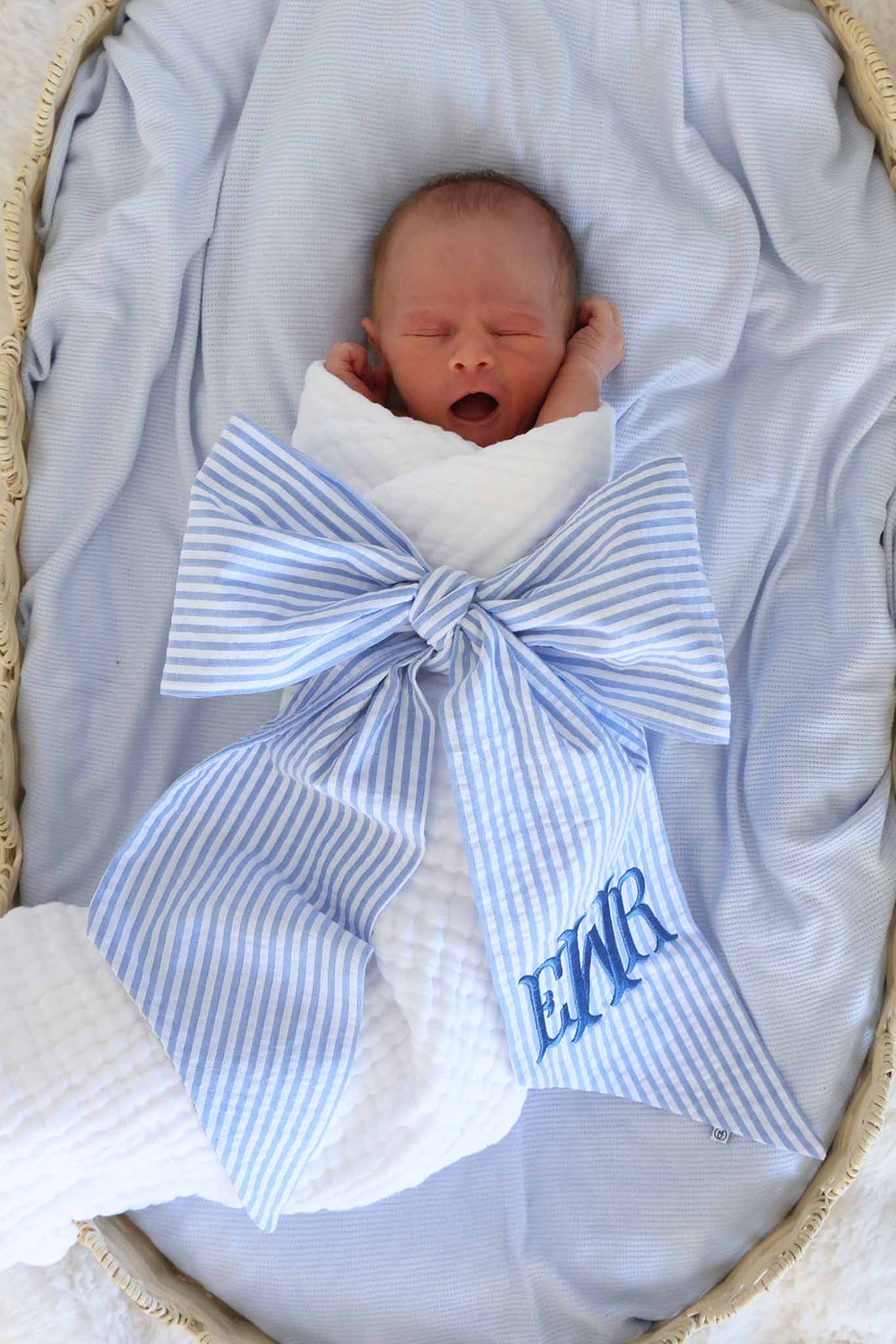 blue seersucker embroidered monogram sash