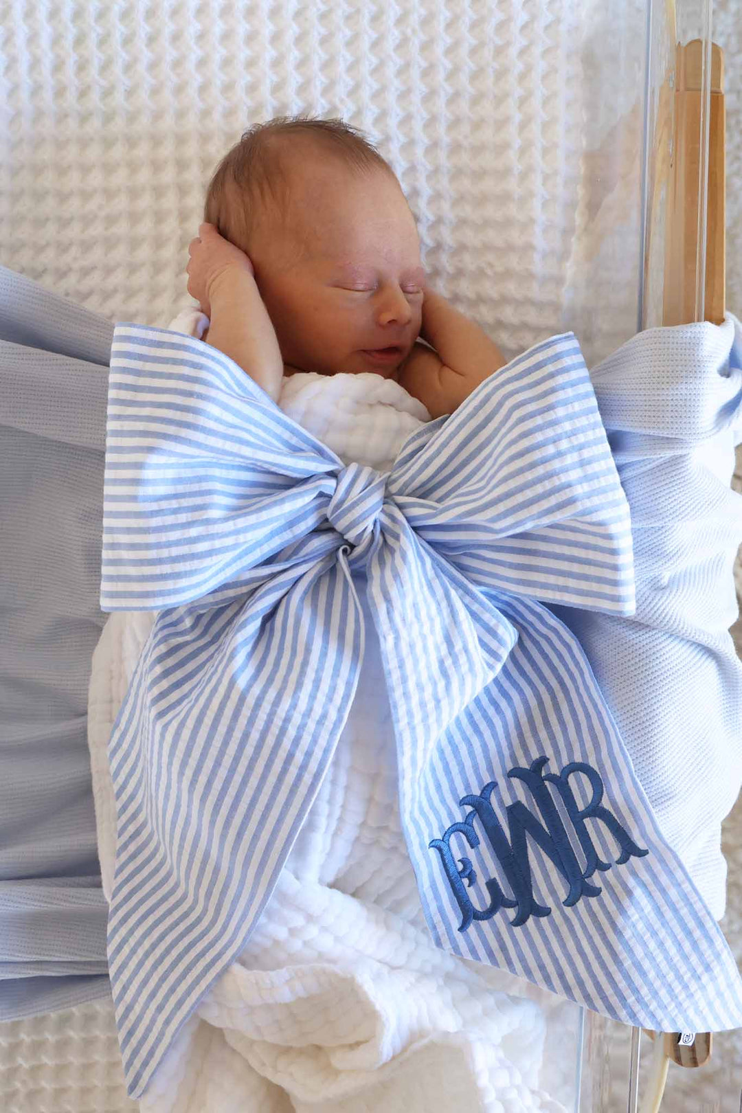 blue seersucker embroidered monogrammed sash for newborn boys 