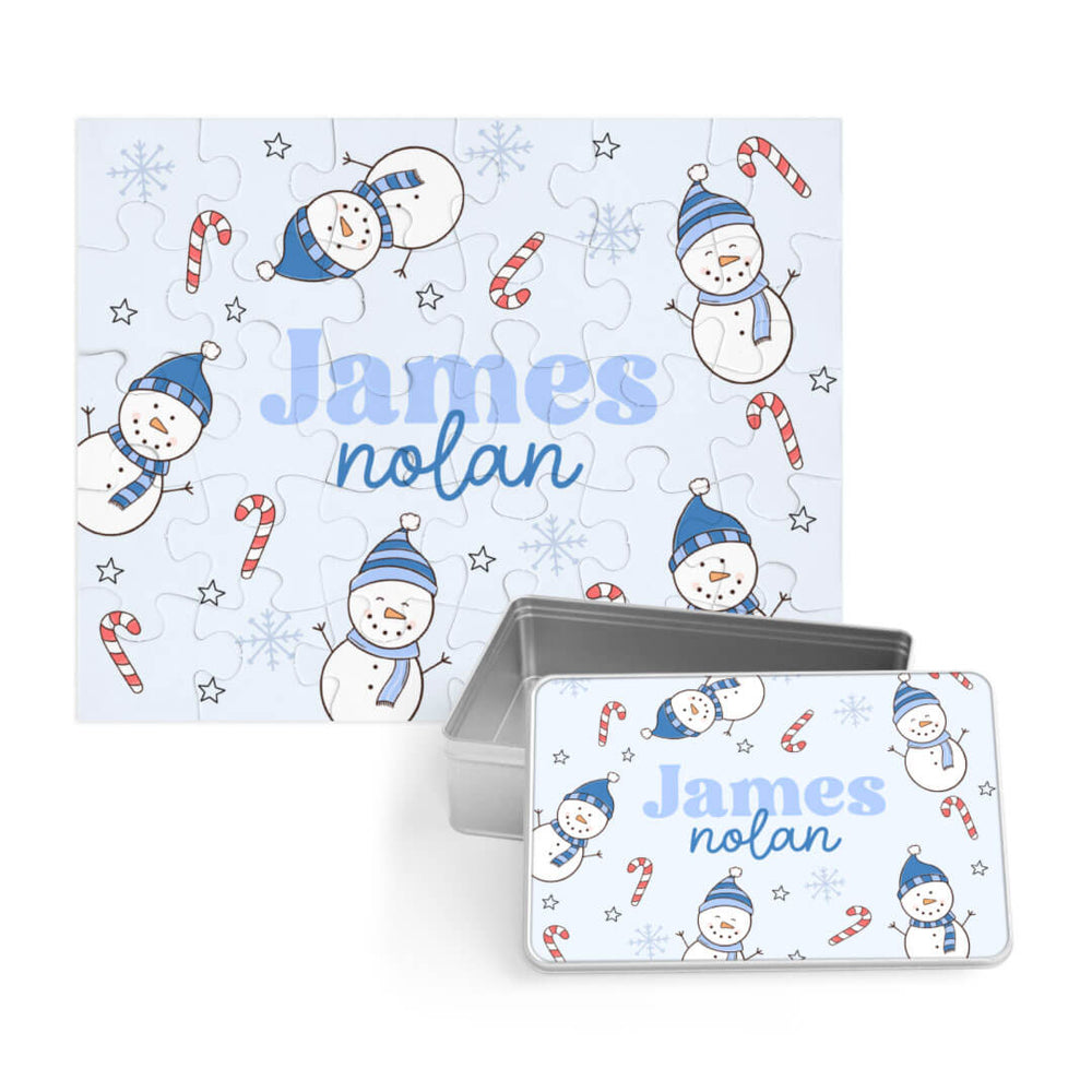 blue snowman personalized name puzzle for kids with tin 